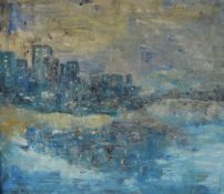 Jean Potts (British 20th century) 1970's oil on board 'The Waterfront' abstract composition,
