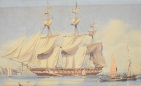 Charles W. Fothergill (British fl.1875–1925) watercolour 'Frigate Drying Sails at Anchor,
