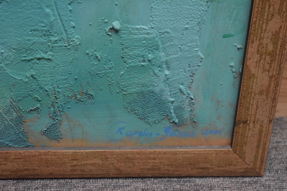 Raphelin-Jones (contemporay) painting on rough plaster on board, female figure picking fruit with - Image 3 of 3