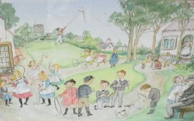Patience Arnold (British 1901-1992) watercolour 'Children's Games' icily bygone scene with
