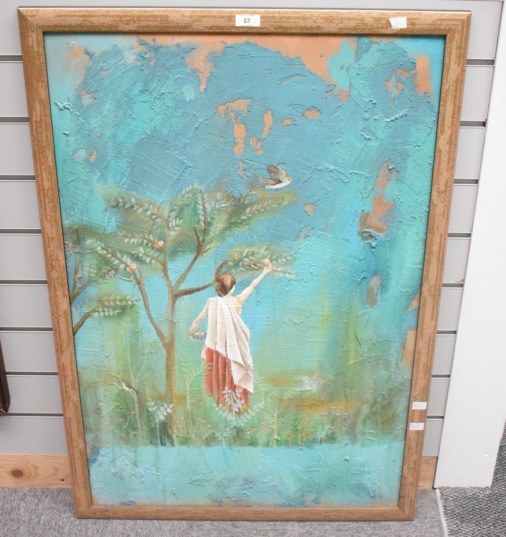 Raphelin-Jones (contemporay) painting on rough plaster on board, female figure picking fruit with - Image 2 of 3