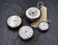 A group of four silver open face pocket watches, three having Roman numerals and one having an