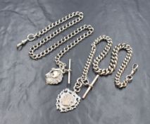 Two silver Albert watch chains, both having dog clips, T-bars and a silver medallion, all marked