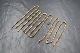 A broken yellow metal presumed gold belcher link chain, the chain broken into three pieces, 21.7g