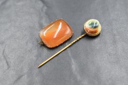 A yellow metal operculum set stick pin, the operculum in a bezel setting on a twisted stick, along