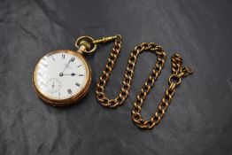 A gold plated top wound open face Waltham U.S.A pocket watch, the white dial having Roman numerals