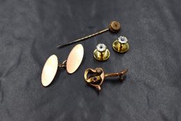 A small selection of 9ct gold and yellow metal stamped 9ct including single cufflink, two collar