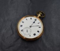 A 9ct gold top wound open face pocket watch, the cream dial having Roman numerals and subsidiary