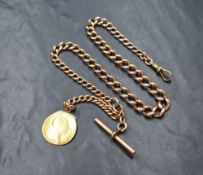 A 9ct rose gold curb link watch chain, having graduated links, a dog clip, T-bar and a Georgian gold