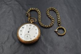 A gold plated top wound open face Elgin pocket watch, the white dial having Arabic numerals and