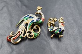 Two gold plated Attwood & Sawyer brooches in the form of a Cockerel and Peacock, both having