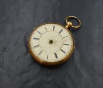 An 18ct gold key wound open face pocket watch, the cream dial having Roman numerals and engraved