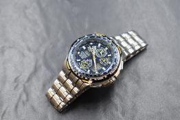 A Citizen Eco-Drive Skyhawk Blue Angels radio controlled wristwatch, the navy blue dial having baton