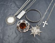 A selection of silver and white metal jewellery including Scottish mixed agate brooch, christening