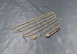 A 9ct rose gold bar brooch, of plain rectangular form, marked 9ct, along with a broken 9ct gold rope