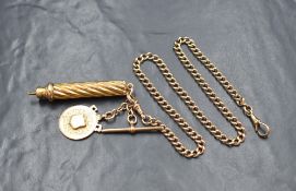 A 9ct gold Albert watch chain, the curb link chain having two dog clips and T-bar, marked 375,