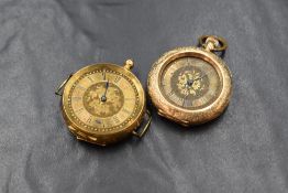 Two Continental yellow metal pocket watches, both having outer cases stamped 14K, both having
