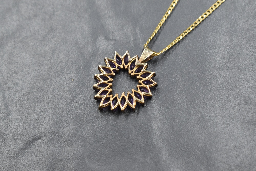 A 9ct gold amethyst open heart pendant with a flat curb link 18' chain, approx 8.3g gross - Image 3 of 3
