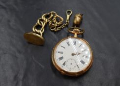 An 18ct gold top wound open face pocket watch, the white dial having Roman numerals and subsidiary