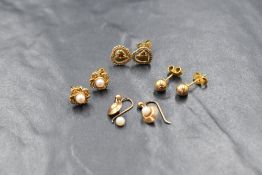 Four pairs of 9ct gold earrings, comprising three pairs of stud earrings and a pair of drop earrings