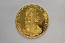 Gold Four Ducat 1915 Austrian Coin, Obv Franz Joseph 1, Rev Crowned Imperial Double Eagle, 13.96g