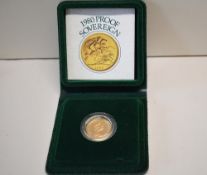 Gold Proof Sovereign Queen Elizabeth II 1980 Royal Mint, in plastic capsule and in fitted folding
