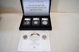 Two Coin Sets, Data Stamp Platinum Jubilee Historic Issue Three Coin Set, Cupro-Nickel 1953 Crown,