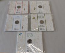Five Royal Mint Brilliant Uncirculated Beatrix Potter 50p Coins in Presentation Folders, Beatrix