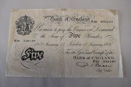 Bank Of England White Paper Five Pound Banknote With Thread, 23 January 1950