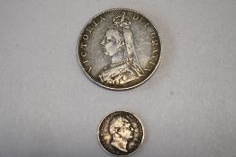 1887 Queen Victoria Jubilee Bust Double Florin, 1834 William 1V Sixpence (2)