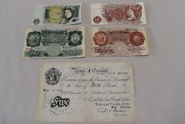 Five Pound Bank note White Paper With Thread 1949, Two Ten Shilling Bank notes Series A and Series