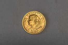 Gold Twenty Francs 1910 Swiss Coin, Obv Helvetia, Rev Shield With Oak Branches, 6.44g