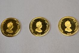 Three Jubilee Mint 2013 Queen Elizabeth II 9 Carat Gold Twenty Five Pence Coins, George and the