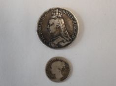 Queen Victoria 1889 Jubilee Bust Silver Crown, Victoria 1884 First Head One Shilling (2)