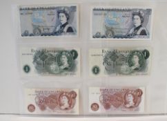 Two Five Pound Banknotes Series D Duke Of Wellington Reverse, Two Series C One Pound Banknotes,