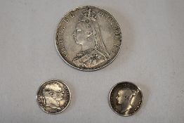 1889 Queen Victoria Jubilee Bust Crown, Queen Victoria 1845 Sixpence ( mildly bent), 1817 George I