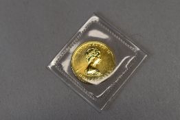 Gold Proof Five Dollars 1986 Canadian Coin, Obv Young Bust Elizabeth 11 , Rev Maple Leaf Flanked