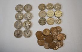 USA Coinage including 1942 Mercury Dime, Eight Quarters 1930- 1953,Five Cents, One Cents , Silver