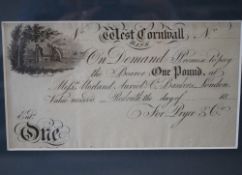 Provincial West Cornwall Bank, One Pound Bank note, Nineteenth Century, Undated, in card mount, fra