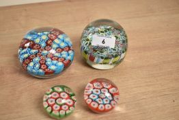 A group of 4 Murano Millefiori style glass paperweights, Largest w9cm, (4)