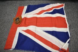 A vintage machine-stitched union flag 84cm x 171cm sold along with an R.F.A Sir Galahad armorial (