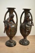 After F.Moreau (1834-1917), A pair of metal vases in the Art Nouveau style, impressed markers mark