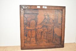 A wooden plaque having carved scene of gentleman repairing his clock, w42cm
