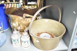 A barometer in the form of a ships wheel, w20cm, sold together with a jam pan and coal scuttle