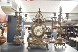 A 19th century 3 piece mantel clock with candelabras, h39cm