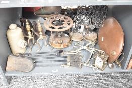 A quantity of brass and copper ware, to include a copper bed warmer, clock and weighing scale ect