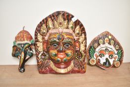 A paper mache elephant mask, h18cm, sold together with two masks, (3)
