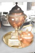 A brass and copper samovar, 44cm, sold together with a copper kettle and brass tray ect