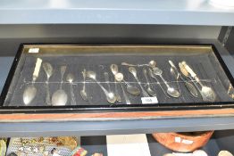 A glass display case containing 2 H.M Silver spoons ect, L57cm