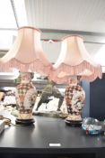 A pair of ceramic 'Imari' pattern table lamps with shades, decorated with geometrical and floral